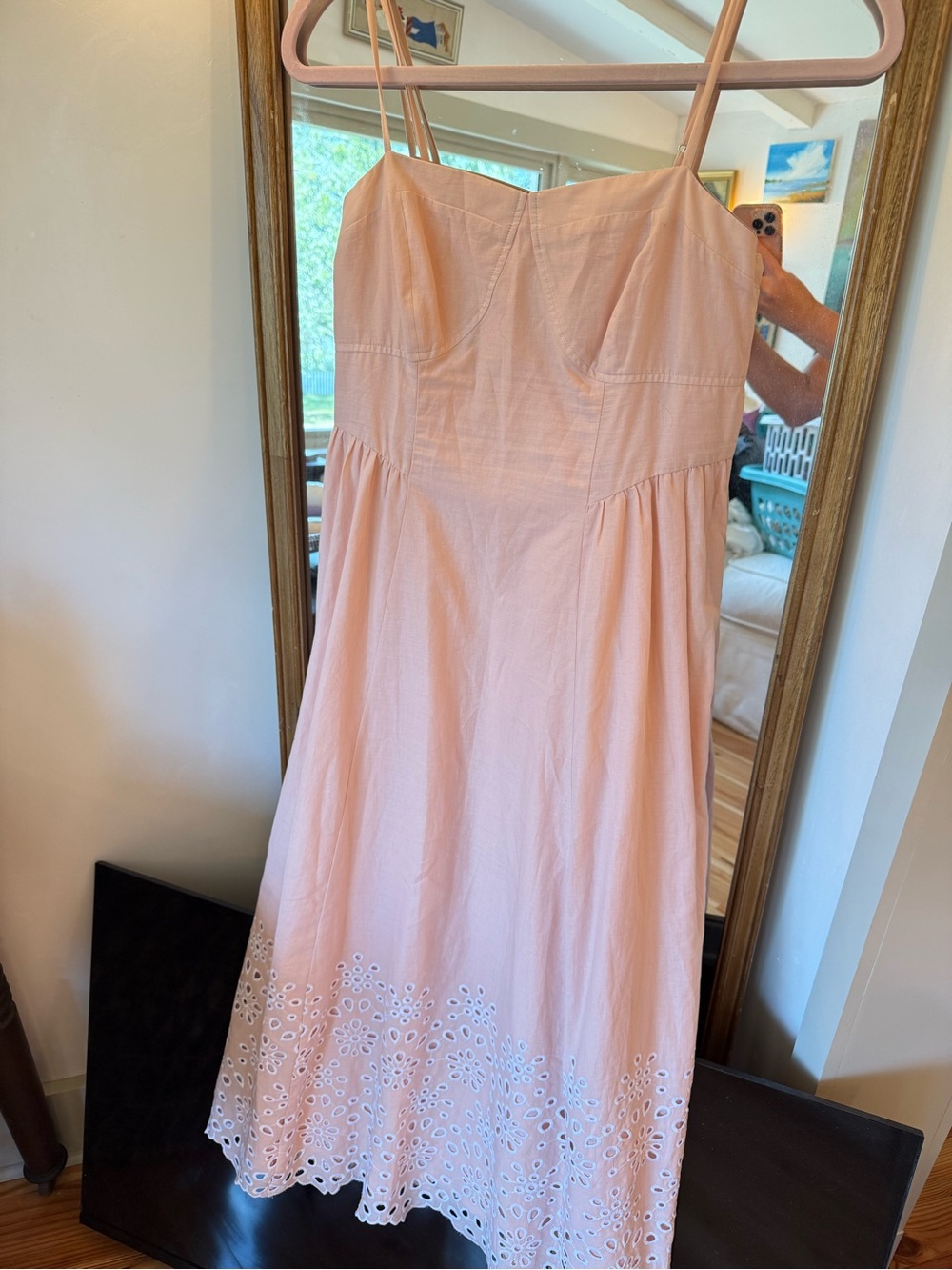 LOFT Light Pink Eyelet Midi Dress with Spaghetti Straps